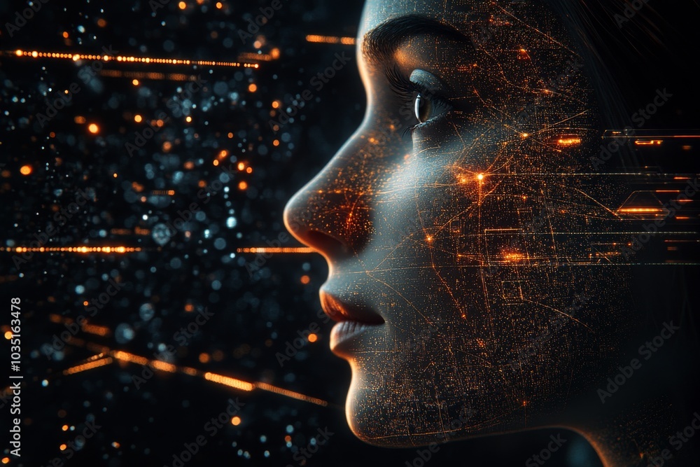 Poster close up abstract digital portrait with flowing light particles symbolizing the connection between t