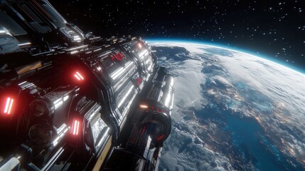 Fototapeta premium Futuristic Spacecraft Orbiting Earth in Vast Universe