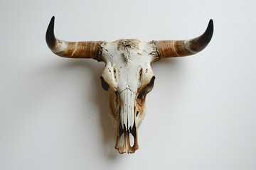 A bull skull mounted on a white wall