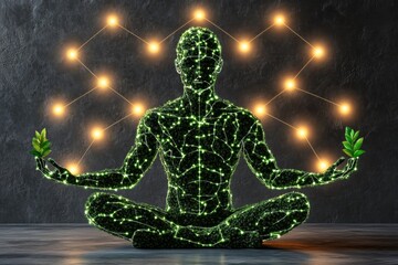 Abstract figure meditating with glowing neural networks symbolizing the connection between nature technology and human consciousness in a futuristic green energy setting