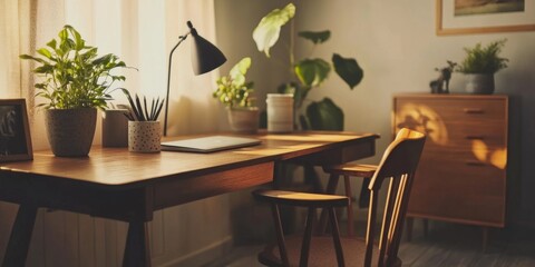 Fototapeta premium Serene Home Office with Potted Plant