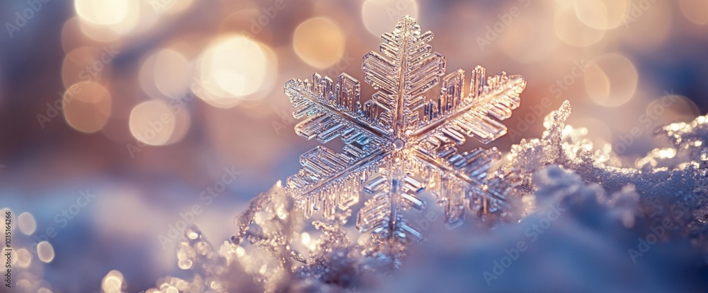 Poster intricate snowflake resting on a shimmering layer of fresh snow during a winter morning. wide web ba