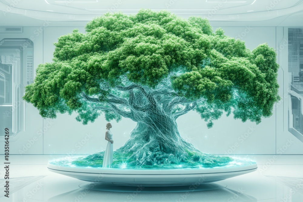 Poster intricately designed bonsai tree in a futuristic indoor environment symbolizing harmony precision an