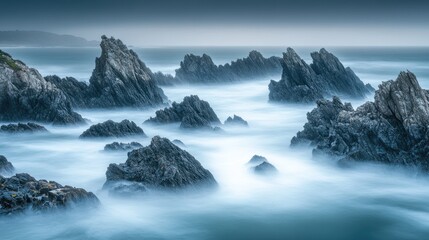 Fototapeta premium Serene Rocky Coastline at Dawn with Gentle Waves