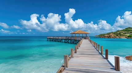 Fototapeta premium Serene Wooden Pier Over Blue Ocean Waters