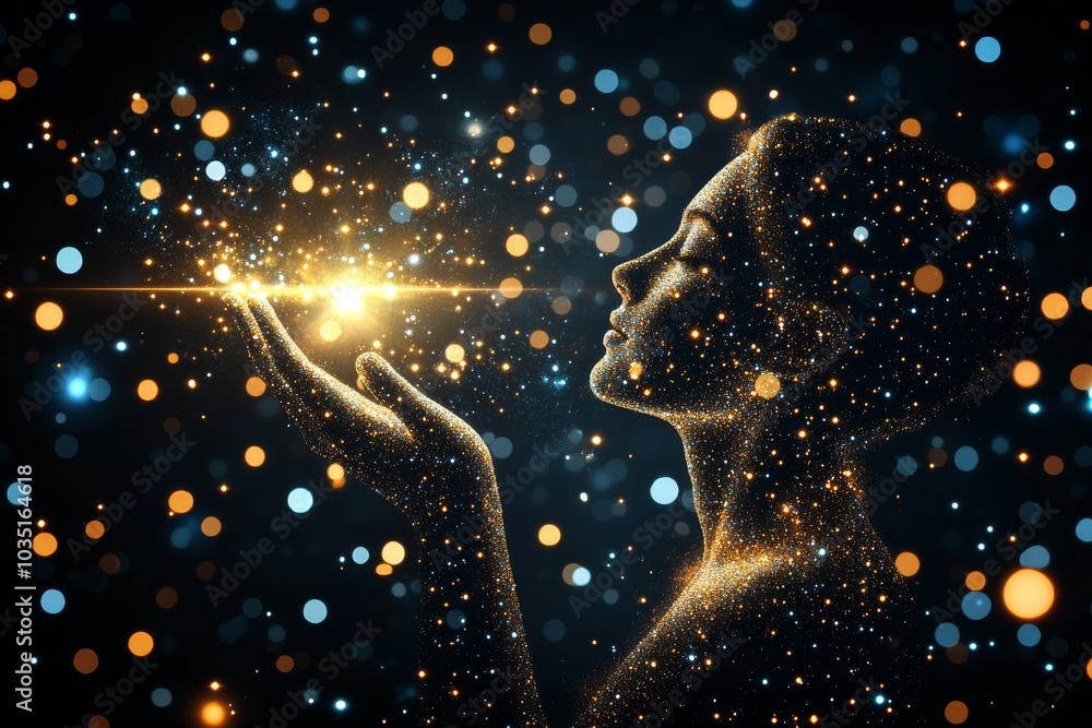 Aufkleber abstract artistic rendering of a woman blowing glowing golden particles into the air symbolizing dre