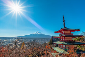 Mount Fuji, the iconic symbol of Japan, during the season of autumn foliage, a period of exceptional beauty.kawaguchiko,japan.