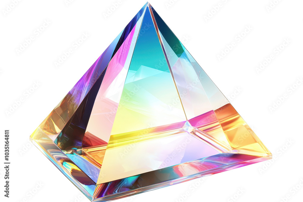 Poster a vibrant, multicolored glass prism capturing light in a spectrum of hues, casting rainbow reflectio