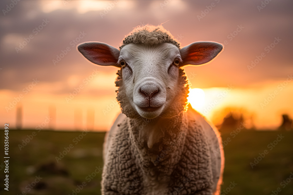 Poster sheep is standing in a field with the sun setting behind it.