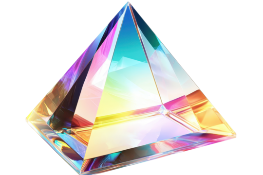 A vibrant, multicolored glass prism capturing light in a spectrum of hues, casting rainbow reflections and creating a vivid display.
