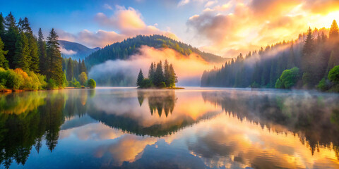 Fototapeta premium sunrise in the mountains. lake, water, landscape, sky, nature, reflection, mountain, forest, mountains, clouds, sunrise, river, sunset, cloud, tree, scenery, travel, outdoors, summer, calm, view, tran