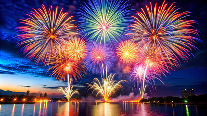 fireworks over the river. fireworks, night, celebration, firework, festival, sky, holiday, light, fire, water, new, colorful, city, party, new year, explosion, celebrate, july, year, red, river, refle