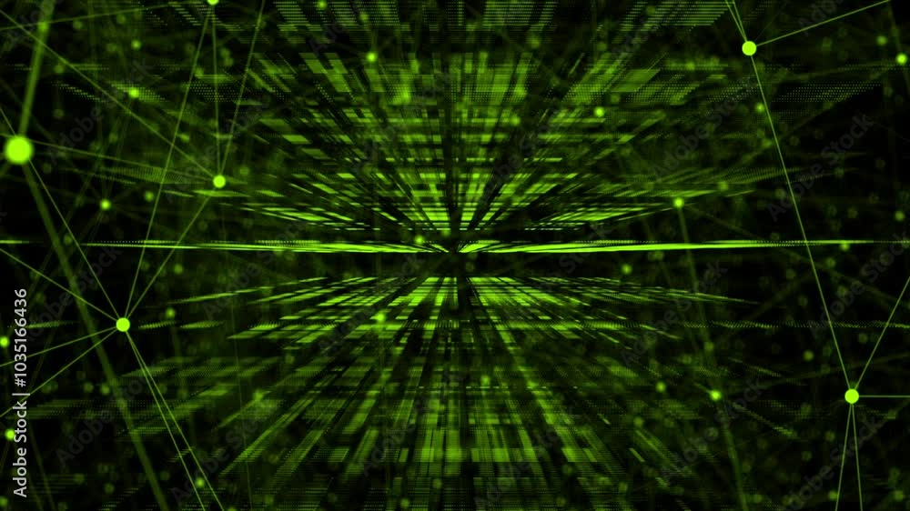 Poster Lime green color web like structure mesh pattern in cyberspace plexus design futuristic technology background