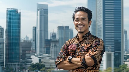 Confident Businessman Smiling with City Background