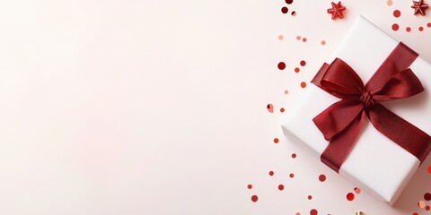 White Gift Box with Red Ribbon and Confetti Background