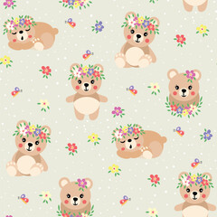 Seamless background pattern of spring teddy bear with flowers