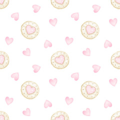 Round cookies and hearts. Watercolor seamless pattern on white background in pastel colors for textile and wrapping paper. Cute illustration of sweets in cartoon style