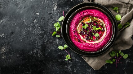 Homemade hummus with red beetroot in black bowl on dark background with leaves and fabric as decoration on dark concrete background with space for text or inscriptions, top view