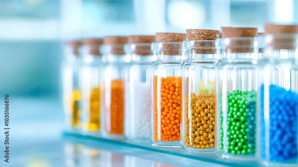 Poster a row of glass jars containing vibrant beads in multiple colors is displayed on a shelf in a well-li