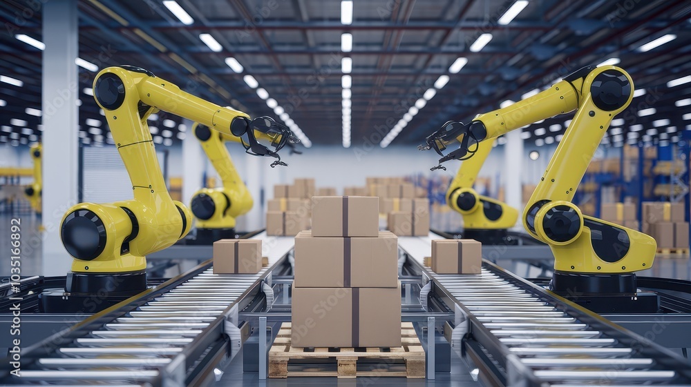 Poster automated industrial warehouse with advanced robotic arms efficiently transporting and organizing bo