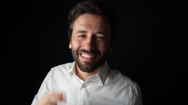 Person wearing a shirt smiling against a black background.