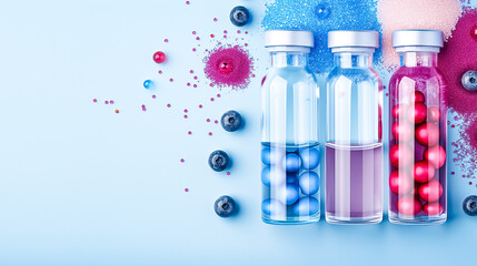 Three glass vials filled with vibrant liquids sit against a light blue backdrop, surrounded by colorful spheres and fresh blueberries, creating a visually appealing arrangement
