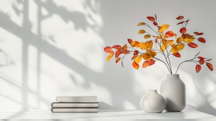 Minimalist background of two white vases with branches with autumn orange leaves on a light wall background with shadows and space for text or inscriptions