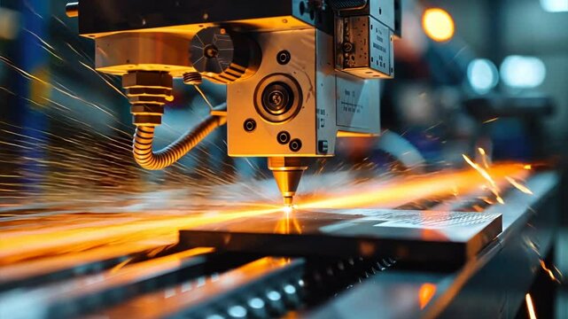 High tech laser cutting machine showcases precision and sparks in metal processing, highlighting energy of modern industrial manufacturing technology in workshop.