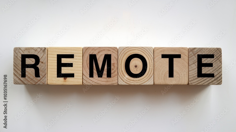 Poster remote work concept represented by wooden blocks spelling remote on a plain background symbolizing t