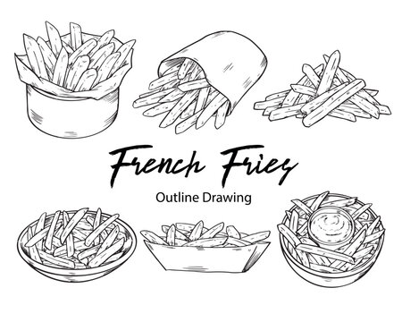 Collection of Fast Food French Fries Outline Drawing Vector Illustration set4