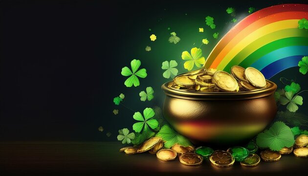 Ein Topf voll mit Goldm&uuml;nzen, Kleebl&auml;ttern und einem Regenbogen zum Saint Patrick&rsquo;s Day.
