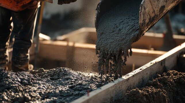 A close-up of a construction worker pouring concrete into a foundation mold, Concrete pouring scene, Foundation setting style