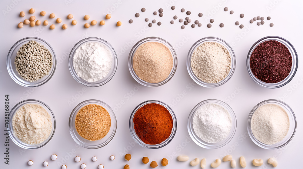 Poster multiple glass containers are filled with an array of spices and flours, arranged neatly on a kitche