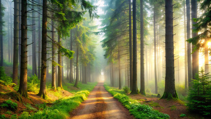 Fototapeta premium morning in the forest. forest, trees, path, nature, autumn, road, tree, landscape, woods, green, fall, leaves, light, misty, park, wood, mist, fog, trail, sun, foliage, morning, spring, foggy, summer