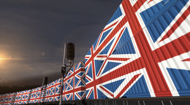 UK Great Britain export containers on cargo train wagons illustration