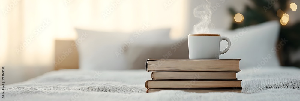 Aufkleber A cozy and inviting reading nook with a stack of books and a steaming hot cup of coffee creating a warm and thoughtful atmosphere for studying working or simply enjoying some quiet time