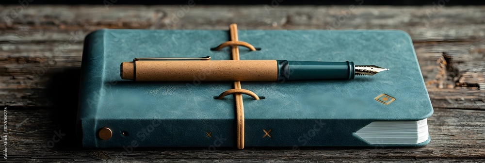 Poster A fountain pen and open journal on a minimalist wooden desk invite introspection and thoughtful writing in a tranquil sophisticated workspace