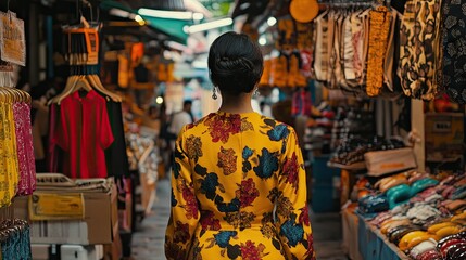 Obraz premium Colorful Market Scene with Woman in Vibrant Dress