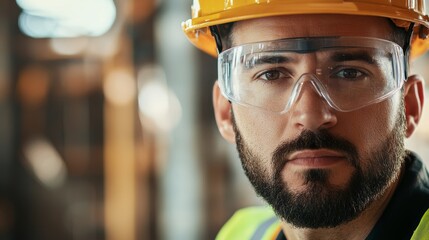 A close-up of a construction worker wearing a helmet and safety glasses, looking directly at the camera, Safety gear scene