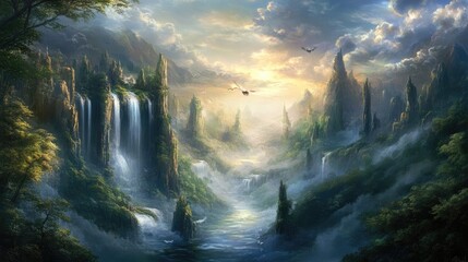 Fototapeta premium Serene Fantasy Landscape with Majestic Waterfalls
