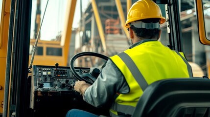 A close-up of a crane operator in a yellow hard hat and safety vest, sitting in the crane cab with controls visible, Construction site scene