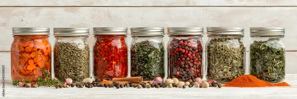 Poster An and fragrant still life composition featuring an array of fresh herbs and spices spilling out of open jars creating a visually appealing and inviting palette of colors textures and aromas