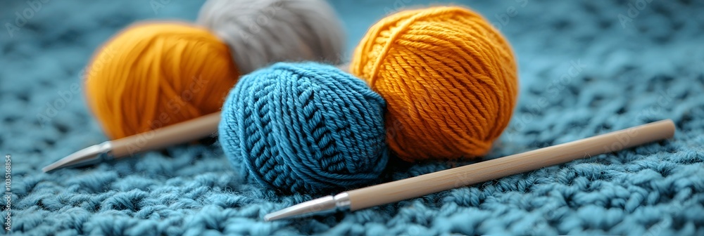 Aufkleber An array of vibrant knitting yarn skeins and needles scattered on a soft plush textured surface creating a cozy and inviting crafting scene