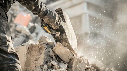 Obraz premium A close-up of a demolition expert using controlled explosives to dismantle an old industrial chimney, Demolition site scene, Controlled and precise style