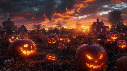 Fototapeta premium A fun and festive illustration of a pumpkin patch at sunset, with carved jack-o'-lanterns of various expressions, glowing warmly as the day fades