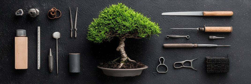 Bonsai Tree Shaping Tools for Cultivating Miniature Japanese Garden Zen Dcor  Closeup of pruning scissors wire and a small bonsai tree being sculpted