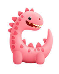 Fototapeta premium Cute pink dinosaur toy with a friendly smile, isolated on a white background.