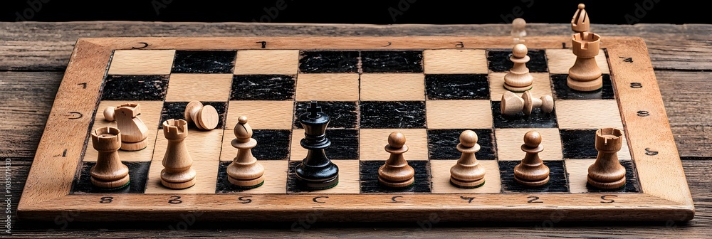 Aufkleber Chessboard mid game with various chess pieces placed strategically indicating a complex game in progress with potential winning moves still to be made by the players