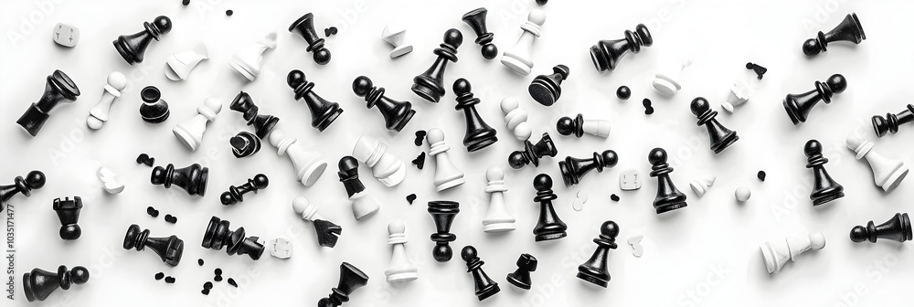 Aufkleber Chessboard with Scattered Chess Pieces Illustrating the Concept of Strategic Thinking Problem Solving and Intelligent Decision Making in a Game of Skill and Competition