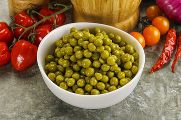 Sweet canned young green peas